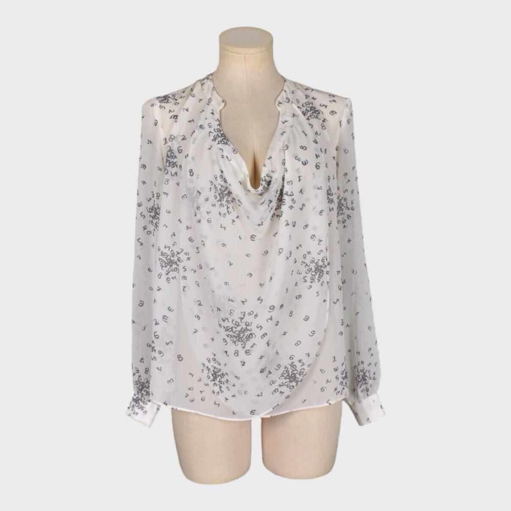ASOS Sheer Number Print Drape Neck Blouse Roll‎ Tab Sleeve